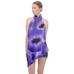 Sliced Kiwi Fruits Purple Halter Asymmetric Satin Top by Pakrebo