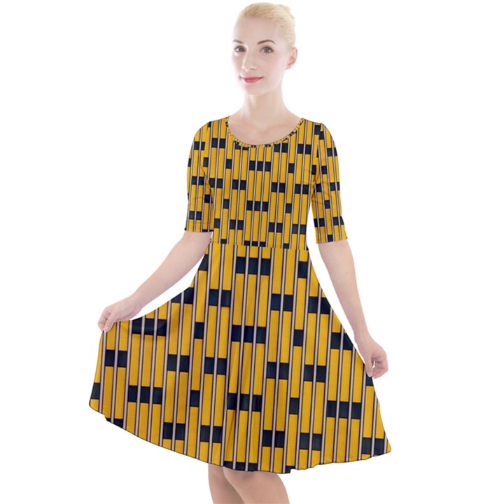 Yellow And Black Pattern Quarter Sleeve A-Line Dress