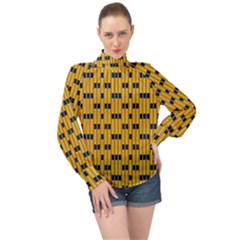 Yellow And Black Pattern High Neck Long Sleeve Chiffon Top