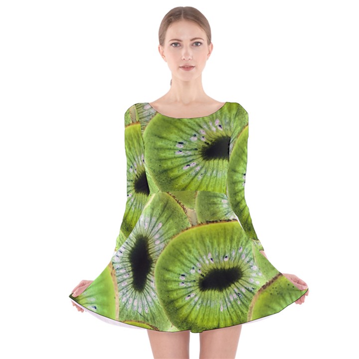 Sliced Kiwi Fruits Green Long Sleeve Velvet Skater Dress