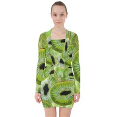 Sliced Kiwi Fruits Green V-neck Bodycon Long Sleeve Dress by Pakrebo