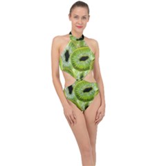 Sliced Kiwi Fruits Green Halter Side Cut Swimsuit by Pakrebo