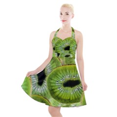 Sliced Kiwi Fruits Green Halter Party Swing Dress  by Pakrebo