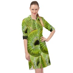 Sliced Kiwi Fruits Green Long Sleeve Mini Shirt Dress