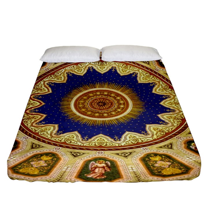 Red And White Angels Printed On Green Red And Purple Round Rug Fitted Sheet (King Size)