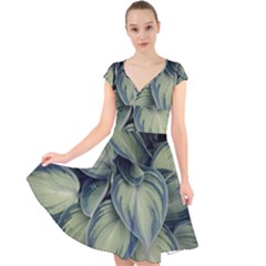 Closeup Photo Of Green Variegated Leaf Plants Cap Sleeve Front Wrap Midi Dress by Pakrebo