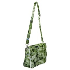 Green And White Leaf Plant Shoulder Bag With Back Zipper