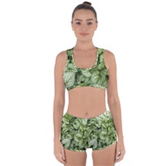 Green And White Leaf Plant Racerback Boyleg Bikini Set by Pakrebo