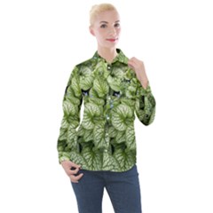 Green And White Leaf Plant Women s Long Sleeve Pocket Shirt