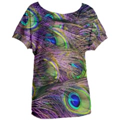 Green Purple And Blue Peacock Feather Digital Wallpaper Women s Oversized Tee by Pakrebo