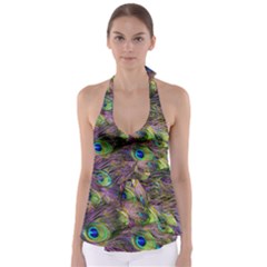 Green Purple And Blue Peacock Feather Digital Wallpaper Babydoll Tankini Top by Pakrebo