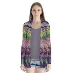 Green Purple And Blue Peacock Feather Digital Wallpaper Drape Collar Cardigan by Pakrebo