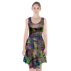 Green Purple And Blue Peacock Feather Digital Wallpaper Racerback Midi Dress by Pakrebo