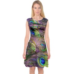 Green Purple And Blue Peacock Feather Digital Wallpaper Capsleeve Midi Dress by Pakrebo