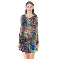 Green Purple And Blue Peacock Feather Digital Wallpaper Long Sleeve V-neck Flare Dress by Pakrebo