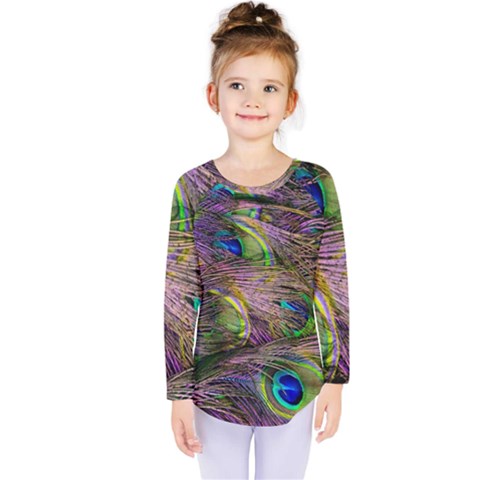 Green Purple And Blue Peacock Feather Digital Wallpaper Kids  Long Sleeve Tee by Pakrebo