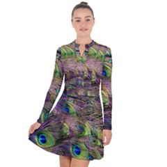 Green Purple And Blue Peacock Feather Digital Wallpaper Long Sleeve Panel Dress by Pakrebo