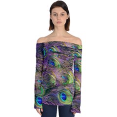 Green Purple And Blue Peacock Feather Digital Wallpaper Off Shoulder Long Sleeve Top by Pakrebo