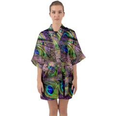 Green Purple And Blue Peacock Feather Digital Wallpaper Quarter Sleeve Kimono Robe by Pakrebo