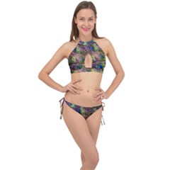 Green Purple And Blue Peacock Feather Digital Wallpaper Cross Front Halter Bikini Set by Pakrebo