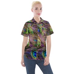 Green Purple And Blue Peacock Feather Digital Wallpaper Women s Short Sleeve Pocket Shirt