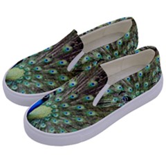 Blue And Green Peacock Kids  Canvas Slip Ons by Pakrebo