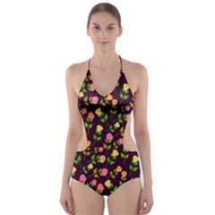 Flowers Roses Brown Cut-out One Piece Swimsuit by Bajindul