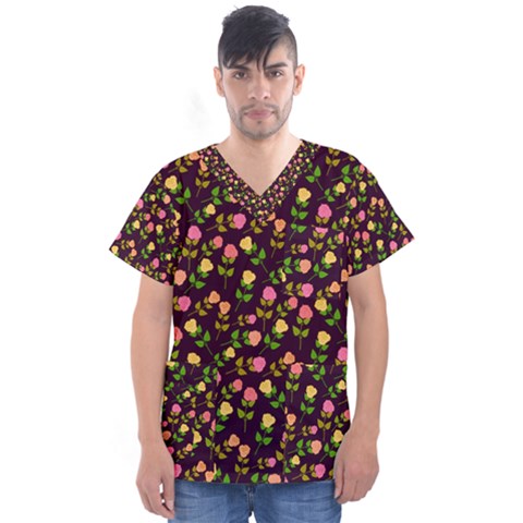 Flowers Roses Brown Men s V-neck Scrub Top by Bajindul