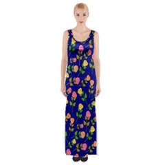 Flowers Roses Blue Maxi Thigh Split Dress by Bajindul