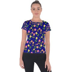 Flowers Roses Blue Short Sleeve Sports Top  by Bajindul