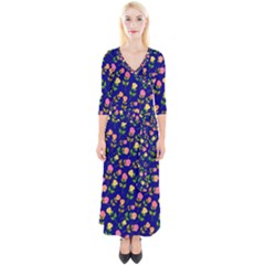 Flowers Roses Blue Quarter Sleeve Wrap Maxi Dress by Bajindul