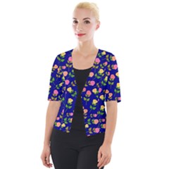 Flowers Roses Blue Cropped Button Cardigan by Bajindul