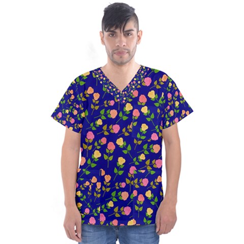 Flowers Roses Blue Men s V-neck Scrub Top by Bajindul