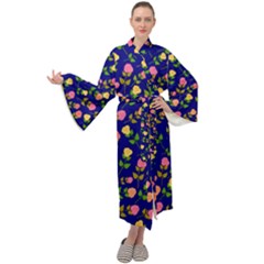 Flowers Roses Blue Maxi Tie Front Velour Kimono by Bajindul