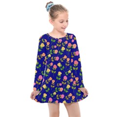 Flowers Roses Blue Kids  Long Sleeve Dress by Bajindul