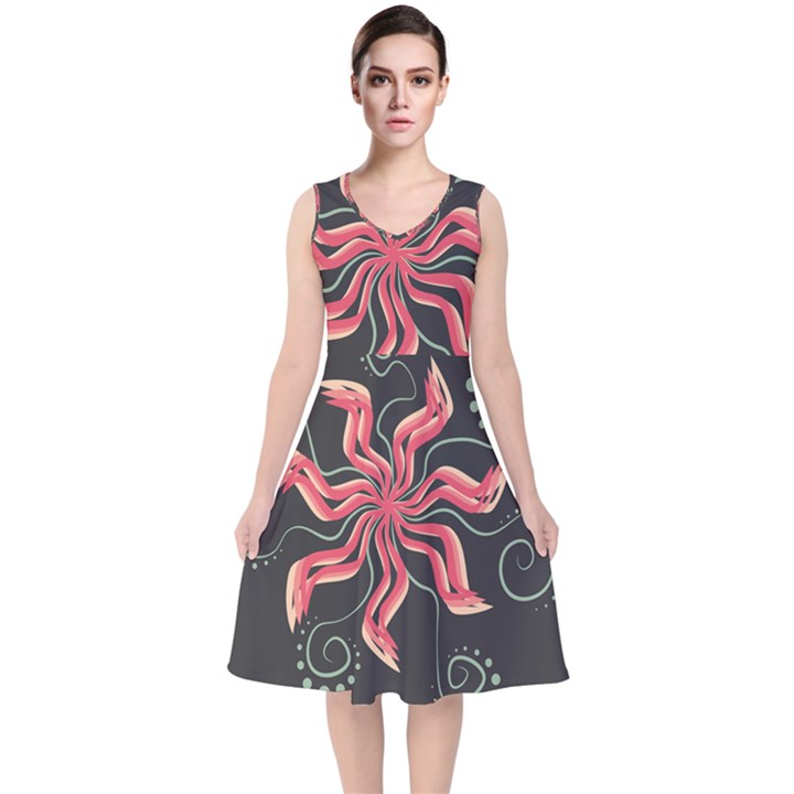 Flower Abstract V-Neck Midi Sleeveless Dress 