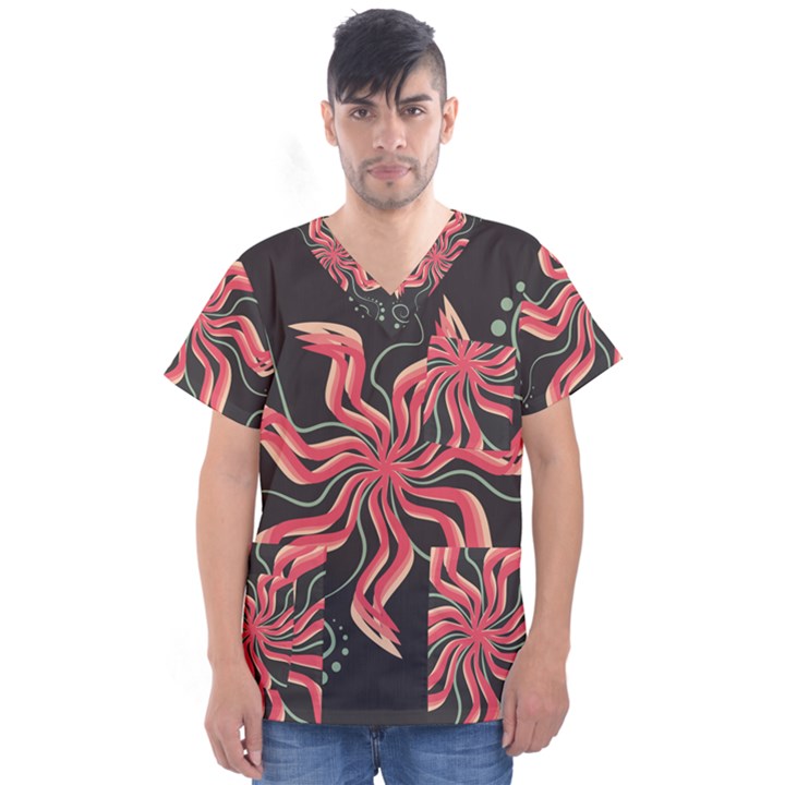 Flower Abstract Men s V-Neck Scrub Top