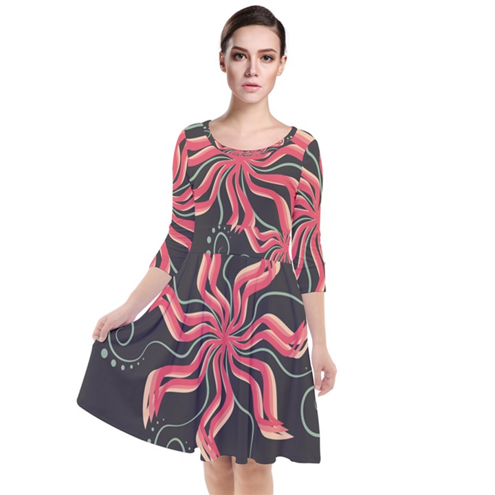 Flower Abstract Quarter Sleeve Waist Band Dress