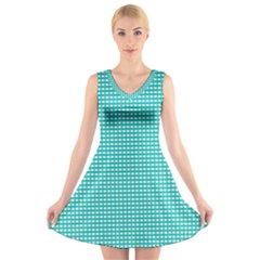 Gingham Plaid Fabric Pattern Green V-neck Sleeveless Dress by HermanTelo