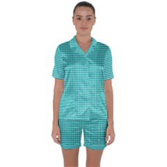 Gingham Plaid Fabric Pattern Green Satin Short Sleeve Pyjamas Set by HermanTelo