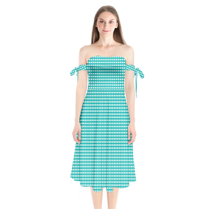 Gingham Plaid Fabric Pattern Green Shoulder Tie Bardot Midi Dress