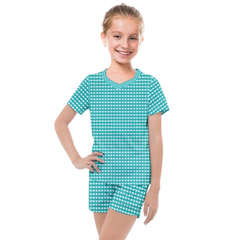 Gingham Plaid Fabric Pattern Green Kids  Mesh Tee And Shorts Set by HermanTelo