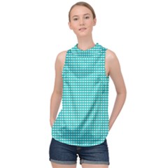 Gingham Plaid Fabric Pattern Green High Neck Satin Top