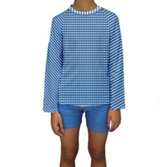 Gingham Plaid Fabric Pattern Blue Kids  Long Sleeve Swimwear