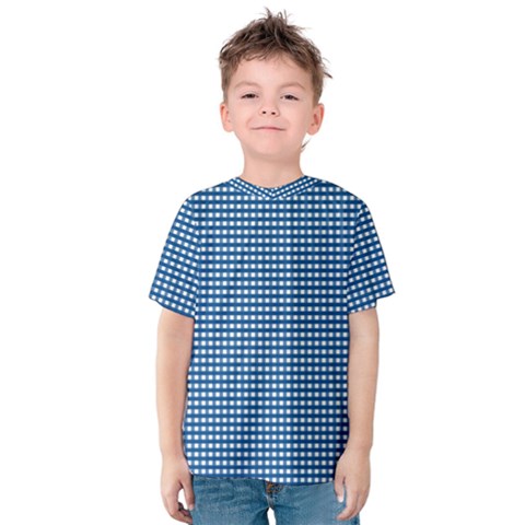 Gingham Plaid Fabric Pattern Blue Kids  Cotton Tee by HermanTelo