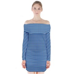 Gingham Plaid Fabric Pattern Blue Long Sleeve Off Shoulder Dress