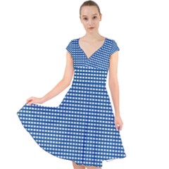 Gingham Plaid Fabric Pattern Blue Cap Sleeve Front Wrap Midi Dress by HermanTelo