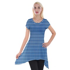 Gingham Plaid Fabric Pattern Blue Short Sleeve Side Drop Tunic