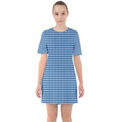 Gingham Plaid Fabric Pattern Blue Sixties Short Sleeve Mini Dress