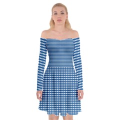 Gingham Plaid Fabric Pattern Blue Off Shoulder Skater Dress by HermanTelo